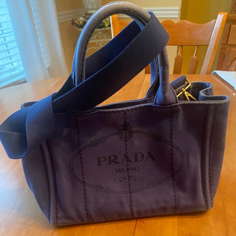 This is a blue denim Prada canapa tote!